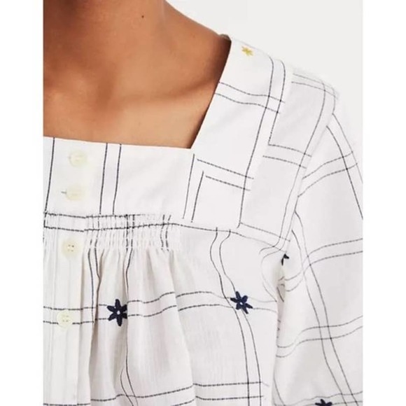 MADEWELL Windowpane Embroidered Boho Square Neck Button Down Blouse SMALL - Picture 4 of 9